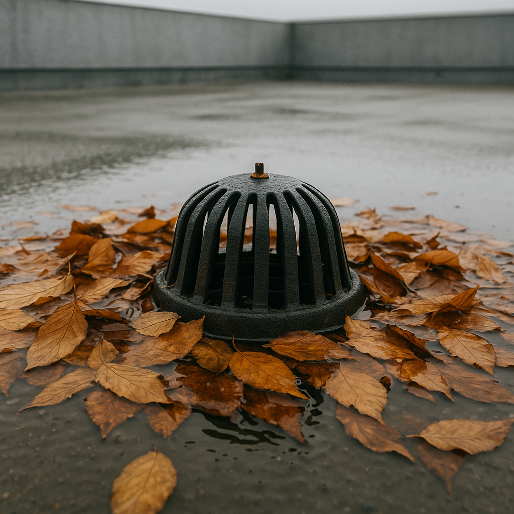 Commercial roof drain with leaves and water