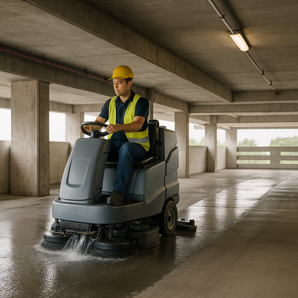Worker cleaning a parking garage
