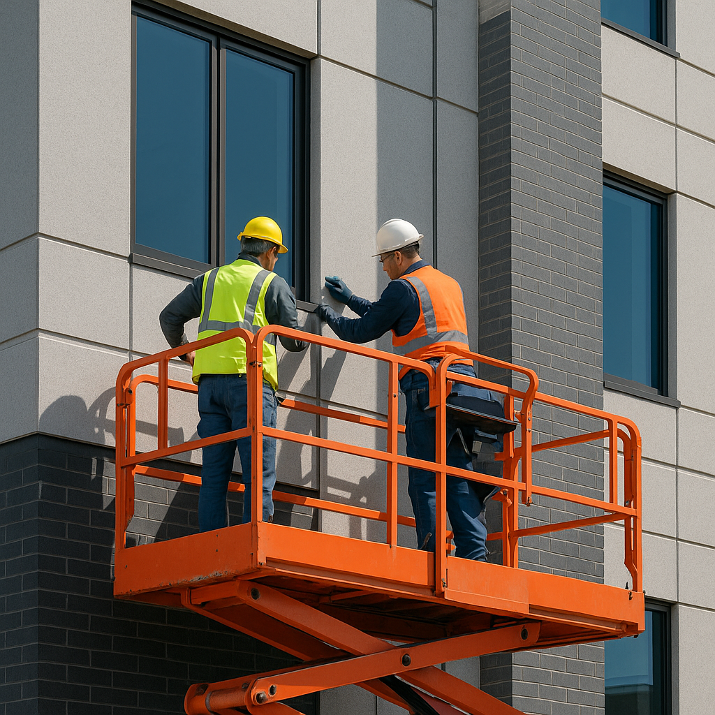 Two construction consultants conducting a facade assessment via a lift