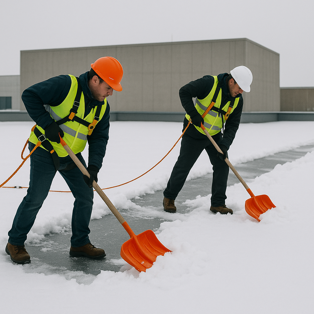 Two workers wearing fall protection and removing snow from a flat roof.