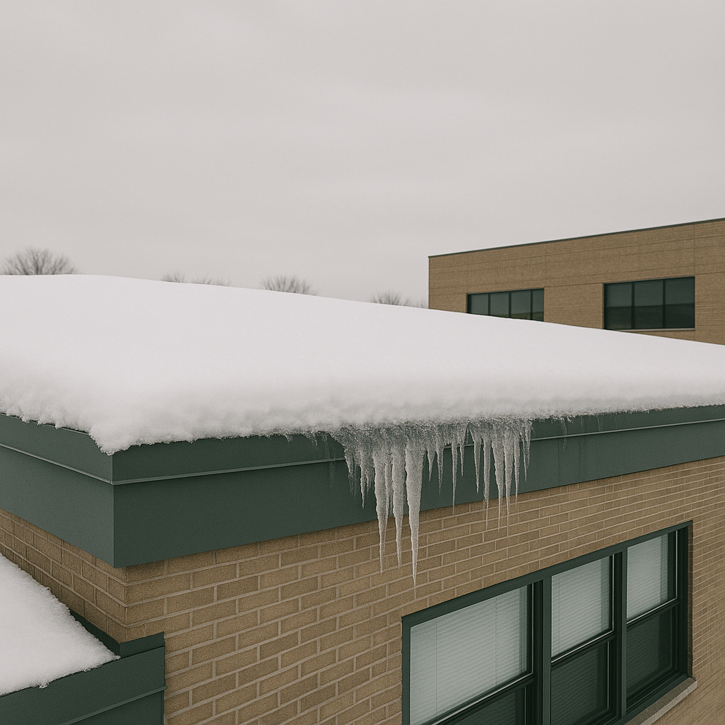 Roofing hazards like snow load and ice dams on a commercial building.