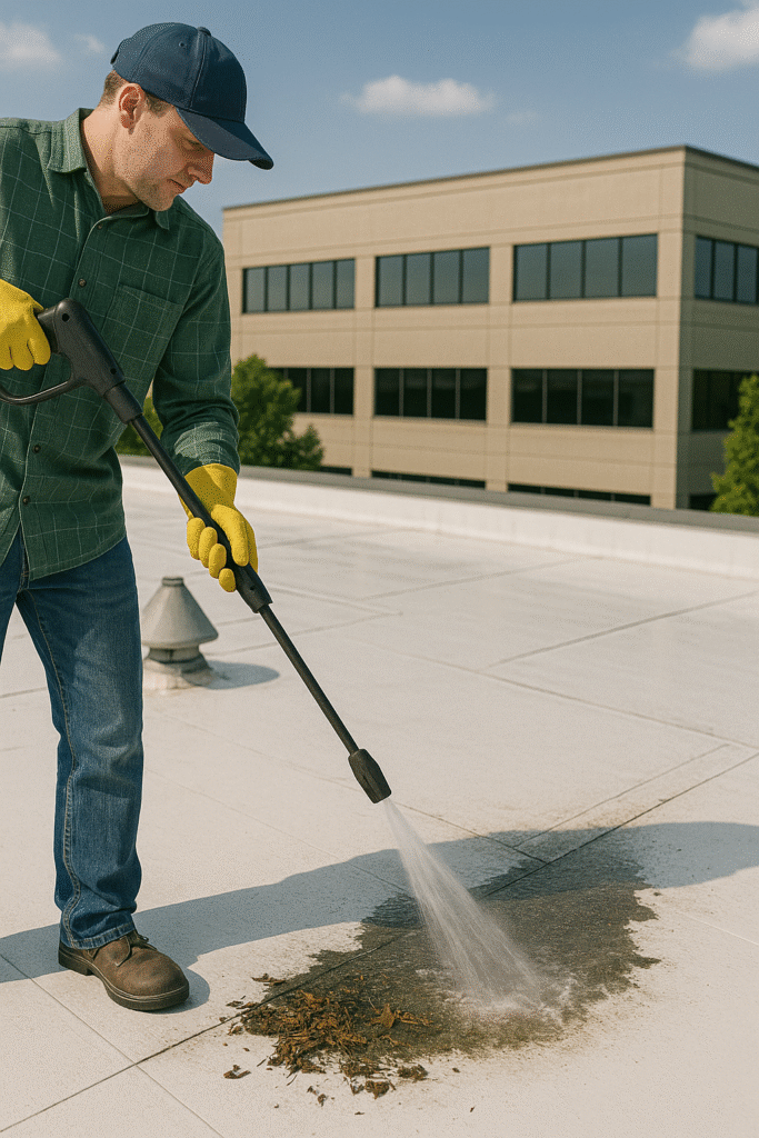 Worker power washing debris off of a flat roof