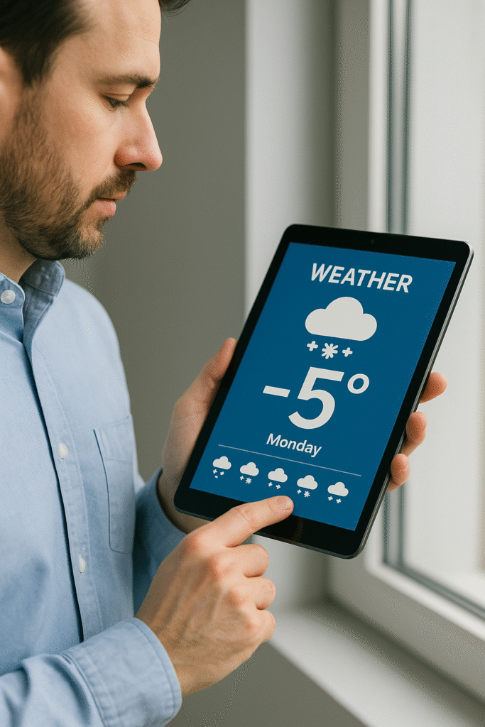 Facility Manager Checking the Forecast -5 on His Tablet.