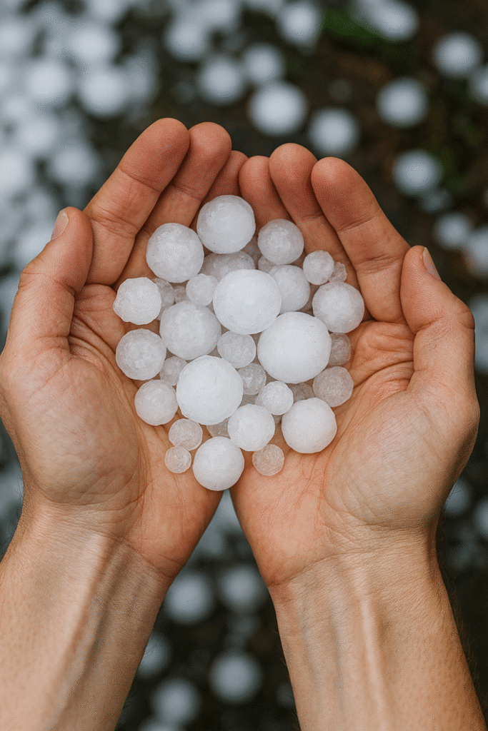 Hands holding hail stones