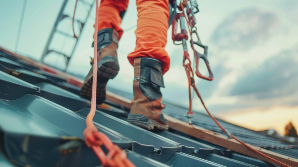 Roof worker on roof using fall protection