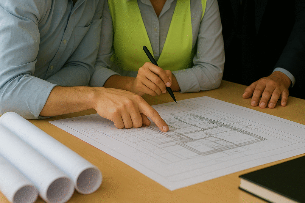 Engineers and Property Owner reviewing blue prints on a table.